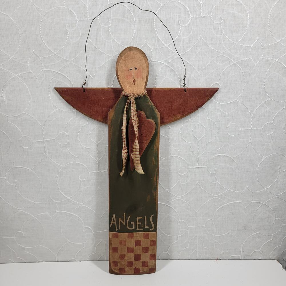 Vintage Angel Heart Door Hang 18" Green Wood Primitive Handmade Holiday Folk Art